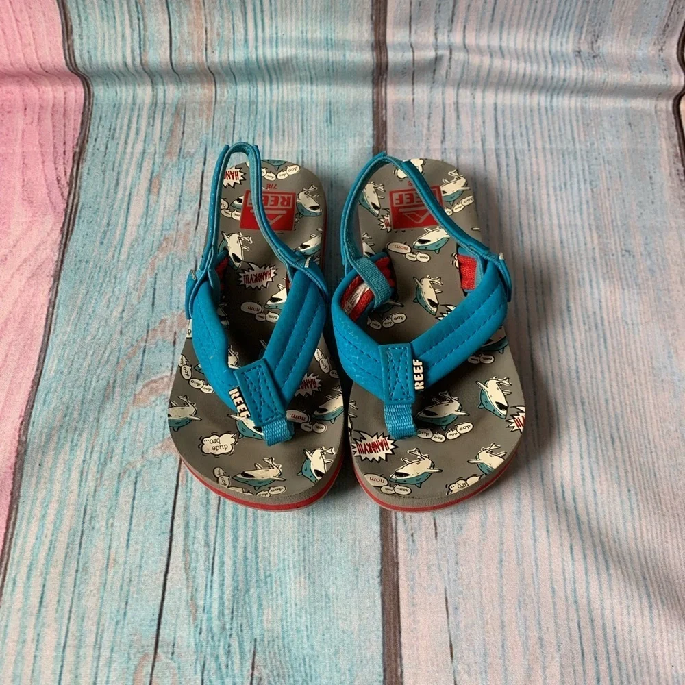 Reef Kids Blue Dinosaur Flip Flops